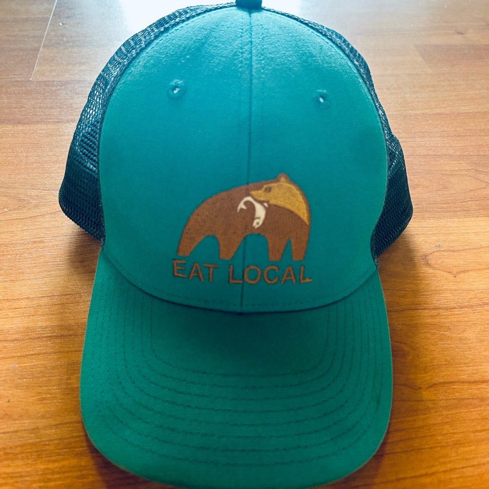 Patagonia Green Blue Eat Local Hat Snapback Trucker Mesh Cap Used Bear Salmon
